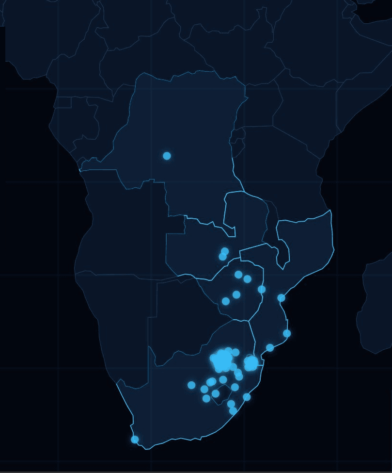 Client locations across southern Africa